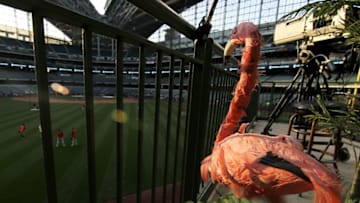 MILWAUKEE, WI - SEPTEMBER 15: Tropical decorations are seen on display in center field before the game between the Milwaukee Brewers and Miami Marlins at Miller Park on September 15, 2017 in Milwaukee, Wisconsin. The series, originally scheduled to be played in Miami, is being playing in Milwaukee due to the effects of Hurricane Irma. (Photo by Dylan Buell/Getty Images)
