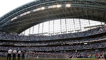 MILWAUKEE, WI - OCTOBER 09: General view as the St. Louis Cardinals stand attended for the National Anthem before Game one of the National League Championship Series against the Milwaukee Brewers at Miller Park on October 9, 2011 in Milwaukee, Wisconsin. The Brewers defeated the Cardinals 9-6. (Photo by Christian Petersen/Getty Images)