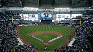 MILWAUKEE, WI - APRIL 02: The St. Louis Cardinals and Milwaukee Brewers stand for the singing of the national anthem before the game at Miller Park on April 2, 2018 in Milwaukee, Wisconsin. (Photo by Dylan Buell/Getty Images)