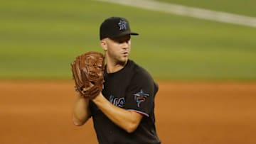 MIAMI, FLORIDA - AUGUST 15: Brad Boxberger #33 of the Miami Marlins delivers a pitch during the eighth inning at Marlins Park on August 15, 2020 in Miami, Florida. (Photo by Michael Reaves/Getty Images)