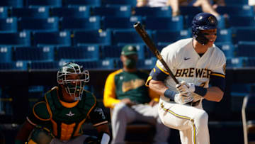 PHOENIX, ARIZONA - MARCH 02: Christian Yelich #22 of the Milwaukee Brewers bats against the Oakland Athletics in the fourth inning during the MLB spring training game at American Family Fields of Phoenix on March 02, 2021 in Phoenix, Arizona. (Photo by Steph Chambers/Getty Images)