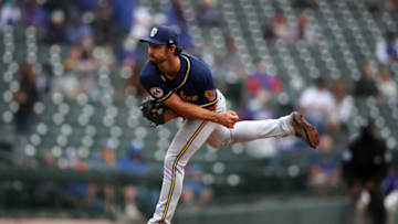 MESA, AZ - MARCH 12: J.P. Feyereisen #54 of the Milwaukee Brewers pitches during the game against the Chicago Cubs at Sloan Park on March 12, 2021 in Mesa, Arizona. The Brewers defeated the Cubs 8-3. (Photo by Rob Leiter/MLB Photos via Getty Images)