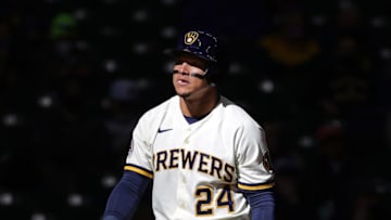MILWAUKEE, WISCONSIN - APRIL 01: Avisail Garcia #24 of the Milwaukee Brewers reacts to a strike out during a game against the Minnesota Twins on Opening Day at American Family Field on April 01, 2021 in Milwaukee, Wisconsin. The Brewers defeated the Twins 6-5. (Photo by Stacy Revere/Getty Images)