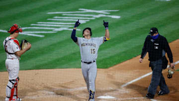 PHILADELPHIA, PENNSYLVANIA - MAY 05: Tyrone Taylor #15 of the Milwaukee Brewers reacts after hitting a home run during the fifth inning against the Philadelphia Phillies at Citizens Bank Park on May 05, 2021 in Philadelphia, Pennsylvania. (Photo by Tim Nwachukwu/Getty Images)