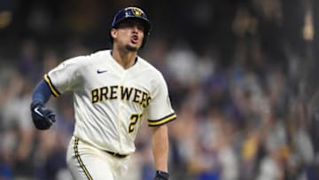 MILWAUKEE, WISCONSIN - JUNE 28: Willy Adames #27 of the Milwaukee Brewers celebrates his three-run home run in the eighth inning against the Chicago Cubs at American Family Field on June 28, 2021 in Milwaukee, Wisconsin. (Photo by Patrick McDermott/Getty Images)