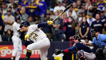 MILWAUKEE, WISCONSIN - OCTOBER 09: Avisail Garcia #24 of the Milwaukee Brewers strikes out in the eighth inning during game 2 of the National League Division Series against the Atlanta Braves at American Family Field on October 09, 2021 in Milwaukee, Wisconsin. (Photo by Patrick McDermott/Getty Images)