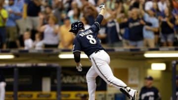MILWAUKEE, WI - JUNE 27: Ryan Braun #8 of the Milwaukee Brewers celebrates after hitting a walk off single in the bottom of the ninth inning to put the brewers up 3-2 over the Colorado Rockies at Miller Park on June 27, 2014 in Milwaukee, Wisconsin. (Photo by Mike McGinnis/Getty Images)