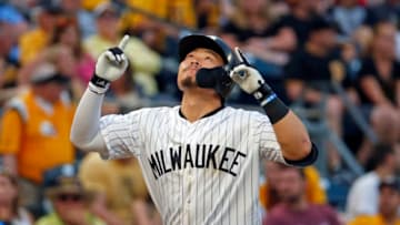 PITTSBURGH, PA - JUNE 01: Keston Hiura #18 of the Milwaukee Brewers reacts after hitting the game tying home run in the ninth inning against the Pittsburgh Pirates at PNC Park on June 1, 2019 in Pittsburgh, Pennsylvania. (Photo by Justin K. Aller/Getty Images)