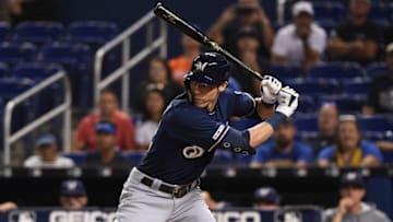 MIAMI, FLORIDA - SEPTEMBER 09: Christian Yelich #22 of the Milwaukee Brewers at bat in the first inning against the Miami Marlins at Marlins Park on September 09, 2019 in Miami, Florida. (Photo by Mark Brown/Getty Images)
