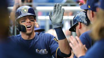 PHILADELPHIA, PA - MAY 16: Christian Yelich #22 of the Milwaukee Brewers is congratulated after he hit a home run during the first inning of a game against the Philadelphia Phillies at Citizens Bank Park on May 16, 2019 in Philadelphia, Pennsylvania. (Photo by Rich Schultz/Getty Images)