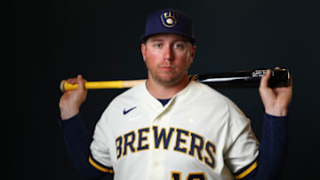 PHOENIX, AZ - FEBRUARY 19: Justin Smoak #12 of the Milwaukee Brewers poses during the Milwaukee Brewers Photo Day on February 19, 2020 in Phoenix, Arizona. (Photo by Jamie Schwaberow/Getty Images)
