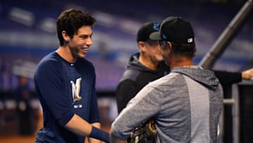 MIAMI, FLORIDA - SEPTEMBER 09: Christian Yelich #22 of the Milwaukee Brewers and Don Mattingly #8 of the Miami Marlins speak during batting practice before the game between the Miami Marlins and the Milwaukee Brewers at Marlins Park on September 09, 2019 in Miami, Florida. (Photo by Mark Brown/Getty Images)