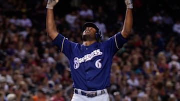 PHOENIX, ARIZONA - JULY 19: Lorenzo Cain #6 of the Milwaukee Brewers celebrates a solo home run against the Arizona Diamondbacks in the third inning of the MLB game at Chase Field on July 19, 2019 in Phoenix, Arizona. (Photo by Jennifer Stewart/Getty Images)