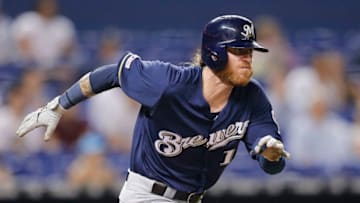 MIAMI, FLORIDA - SEPTEMBER 11: Ben Gamel #16 of the Milwaukee Brewers in action against the Miami Marlins at Marlins Park on September 11, 2019 in Miami, Florida. (Photo by Michael Reaves/Getty Images)