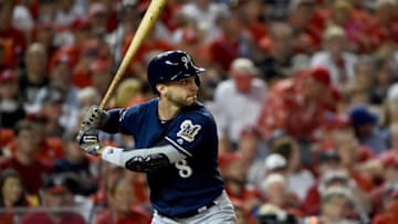WASHINGTON, DC - OCTOBER 01: Ryan Braun #8 of the Milwaukee Brewers at bat against the Washington Nationals during the National League Wild Card game at Nationals Park on October 1, 2019 in Washington, DC. (Photo by Will Newton/Getty Images)