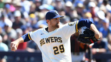 MARYVALE, ARIZONA - MARCH 06: Josh Lindblom #29 of the Milwaukee Brewers delivers a first inning pitch against the San Francisco Giants during a spring training game at American Family Fields of Phoenix on March 06, 2020 in Maryvale, Arizona. (Photo by Norm Hall/Getty Images)