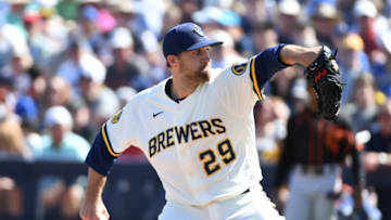 MARYVALE, ARIZONA - MARCH 06: Josh Lindblom #29 of the Milwaukee Brewers delivers a pitch against the San Francisco Giants during a spring training game at American Family Fields of Phoenix on March 06, 2020 in Maryvale, Arizona. (Photo by Norm Hall/Getty Images)