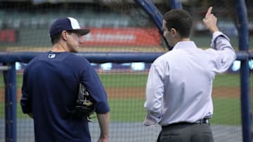 MILWAUKEE, WI - JUNE 19: Manager Craig Counsell of the Milwaukee Brewers and general manager David Stearns meet during batting practice before the game against the Pittsburgh Pirates at Miller Park on June 19, 2017 in Milwaukee, Wisconsin. (Photo by Dylan Buell/Getty Images)