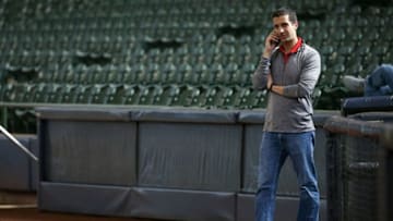 MILWAUKEE, WI - APRIL 21: General manager David Stearns of the Milwaukee Brewers talks on the phone before the game against the Miami Marlins at Miller Park on April 21, 2018 in Milwaukee, Wisconsin. (Dylan Buell/Getty Images) *** Local Caption *** David Stearns