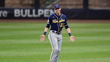 MILWAUKEE, WISCONSIN - JULY 14: Christian Yelich #22 of the Milwaukee Brewers participates in warmups during summer workouts at Miller Park on July 14, 2020 in Milwaukee, Wisconsin. (Photo by Stacy Revere/Getty Images)