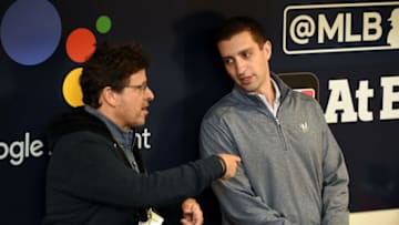 Oct 19, 2018; Milwaukee, WI, USA; Milwaukee Brewers owner Mark Attanasio and general manager David Stearns talk before game six of the 2018 NLCS playoff baseball series against the Los Angeles Dodgers at Miller Park. Mandatory Credit: Benny Sieu-USA TODAY Sports