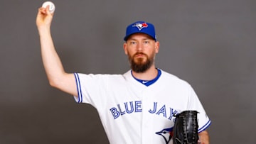Feb 22, 2019; Dunedin, FL, USA; Toronto Blue Jays pitcher John Axford (77) poses for a photo during spring training at Dunedin Stadium. Mandatory Credit: Butch Dill-USA TODAY Sports