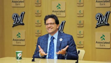 Mar 28, 2019; Milwaukee, WI, USA; Milwaukee Brewers owner Mark Attanasio speaks to reporters before the game against the St. Louis Cardinals at Miller Park. Mandatory Credit: Michael McLoone-USA TODAY Sports