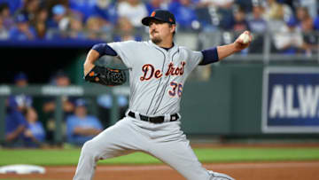 Jun 11, 2019; Kansas City, MO, USA; Detroit Tigers relief pitcher Blaine Hardy (36) pitches against the Kansas City Royals during the seventh inning at Kauffman Stadium. Mandatory Credit: Jay Biggerstaff-USA TODAY Sports