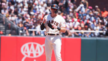 Jul 21, 2019; San Francisco, CA, USA; San Francisco Giants third baseman Zach Green (68) on second base after hitting an RBI double against the New York Mets during the fourth inning at Oracle Park. Mandatory Credit: Kelley L Cox-USA TODAY Sports