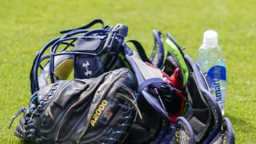 Jul 3, 2020; Atlanta, Georgia, United States; Catchers gear on the field during the first day of workouts for the Atlanta Braves at Truist Park. Mandatory Credit: Dale Zanine-USA TODAY Sports