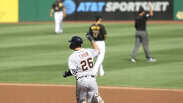 Aug 8, 2020; Pittsburgh, Pennsylvania, USA; Detroit Tigers first baseman C.J. Cron (26) reacts after hitting a solo home run against the Pittsburgh Pirates during the first inning at PNC Park. Mandatory Credit: Charles LeClaire-USA TODAY Sports