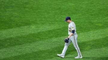 Aug 19, 2020; Minneapolis, Minnesota, USA; Milwaukee Brewers relief pitcher Corey Knebel (46) walks off the field after being relieved in the ninth inning during a game against the Minnesota Twins at Target Field. Mandatory Credit: David Berding-USA TODAY Sports