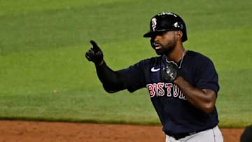 Sep 15, 2020; Miami, Florida, USA; Boston Red Sox center fielder Jackie Bradley Jr. (19) reacts after doubling in a run in the 6th inning against the Miami Marlins at Marlins Park. Mandatory Credit: Jasen Vinlove-USA TODAY Sports
