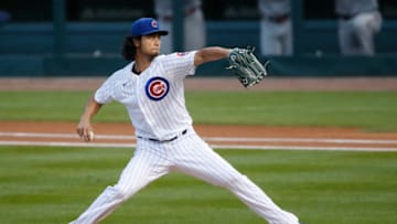 Sep 20, 2020; Chicago, Illinois, USA; Chicago Cubs starting pitcher Yu Darvish (11) delivers against the Minnesota Twins during the first inning at Wrigley Field. Mandatory Credit: Kamil Krzaczynski-USA TODAY Sports