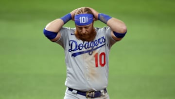 Oct 24, 2020; Arlington, Texas, USA; Los Angeles Dodgers third baseman Justin Turner (10) reacts during the eight inning of game four of the 2020 World Series against the Tampa Bay Rays at Globe Life Field. Mandatory Credit: Tim Heitman-USA TODAY Sports