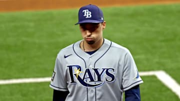 Oct 27, 2020; Arlington, Texas, USA; Tampa Bay Rays starting pitcher Blake Snell (4) is taken out of the game during the sixth inning against the Los Angeles Dodgersduring game six of the 2020 World Series at Globe Life Field. Mandatory Credit: Kevin Jairaj-USA TODAY Sports