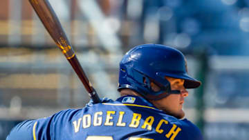 Mar 3, 2021; Peoria, Arizona, USA; Milwaukee Brewers first baseman Daniel Vogelbach against the San Diego Padres during a Spring Training game at Peoria Sports Complex. Mandatory Credit: Mark J. Rebilas-USA TODAY Sports