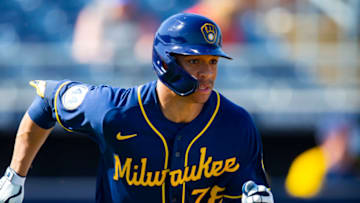 Mar 3, 2021; Peoria, Arizona, USA; Milwaukee Brewers outfielder Corey Ray against the San Diego Padres during a Spring Training game at Peoria Sports Complex. Mandatory Credit: Mark J. Rebilas-USA TODAY Sports
