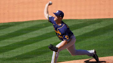 Mar 18, 2021; Tempe, Arizona, USA; Milwaukee Brewers pitcher Brad Boxberger (45) throws against the Los Angeles Angels during a spring training game at Tempe Diablo Stadium. Mandatory Credit: Rick Scuteri-USA TODAY Sports