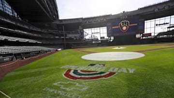 The opening day logo is displayed on American Family Field on Tuesday, March 30, 2021, in Milwaukee. The Milwaukee Brewers open their 2021 season at 1:10 p.m. Thursday against the Minnesota Twins.MJS-brewcol01p1