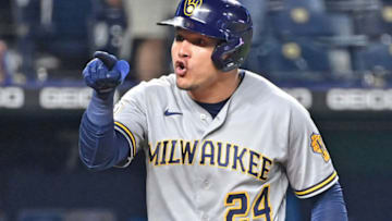 May 18, 2021; Kansas City, Missouri, USA; Milwaukee Brewers right fielder Avisail Garcia (24) reacts after getting ejected from the game for arguing a strike on a check swing during the ninth inning against the Kansas City Royals at Kauffman Stadium. Mandatory Credit: Peter Aiken-USA TODAY Sports