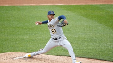 May 29, 2021; Washington, District of Columbia, USA; Milwaukee Brewers starting pitcher Freddy Peralta (51) throws the ball against the Washington Nationals during the first inning at Nationals Park. Mandatory Credit: Amber Searls-USA TODAY Sports