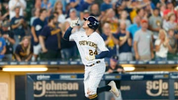 Jun 26, 2021; Milwaukee, Wisconsin, USA; Milwaukee Brewers center fielder Avisail Garcia (24) celebrates after hitting a solo home run during the seventh inning against the Colorado Rockies at American Family Field. Mandatory Credit: Jeff Hanisch-USA TODAY Sports