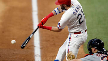 Jul 7, 2021; Arlington, Texas, USA; Texas Rangers left fielder David Dahl (21) grounds into a double play in the second inning against the Detroit Tigers at Globe Life Field. Mandatory Credit: Tim Heitman-USA TODAY Sports