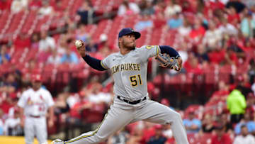 Aug 18, 2021; St. Louis, Missouri, USA; Milwaukee Brewers starting pitcher Freddy Peralta (51) pitches during the first inning against the St. Louis Cardinals at Busch Stadium. Mandatory Credit: Jeff Curry-USA TODAY Sports