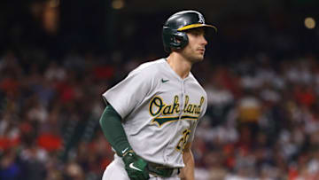 Oct 2, 2021; Houston, Texas, USA; Oakland Athletics first baseman Matt Olson (28) runs to first base after hitting a a single against the Houston Astros during the seventh inning at Minute Maid Park. Mandatory Credit: Troy Taormina-USA TODAY Sports