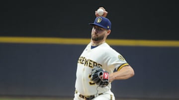May 17, 2022; Milwaukee, Wisconsin, USA; Milwaukee Brewers starting pitcher Adrian Houser (37) delivers a pitch against the Atlanta Braves in the first inning at American Family Field. Mandatory Credit: Michael McLoone-USA TODAY Sports