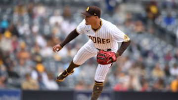 Apr 21, 2021; San Diego, California, USA; San Diego Padres relief pitcher Keone Kela (27) pitches during the sixth inning against the Milwaukee Brewers at Petco Park. Mandatory Credit: Orlando Ramirez-USA TODAY Sports