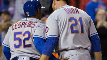 Apr 19, 2016; Philadelphia, PA, USA; New York Mets first baseman Lucas Duda (21) celebrates with left fielder Yoenis Cespedes (52) after a two RBI home run against the Philadelphia Phillies at Citizens Bank Park. The Mets won 11-1. Mandatory Credit: Bill Streicher-USA TODAY Sports