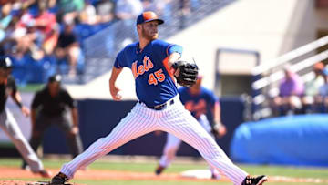 Mar 9, 2015; Port St. Lucie, FL, USA; New York Mets starting pitcher Zack Wheeler (45) throws against the Miami Marlins during the spring training baseball game at Tradition Field. Mandatory Credit: Brad Barr-USA TODAY Sports